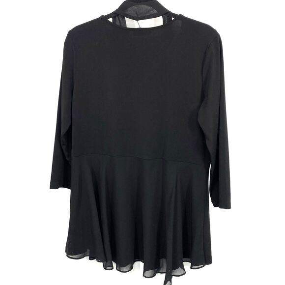 Susan Graver Medium Tunic Slinky Knit Black Ruffle Chiffon Tie V neck Lagenlook - Picture 7 of 10